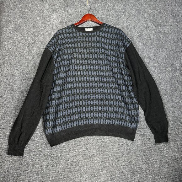 Linea Rosso Sweater Mens XXL Long Sleeve Blue Black Argyle Wool Blend Crew - Picture 1 of 6